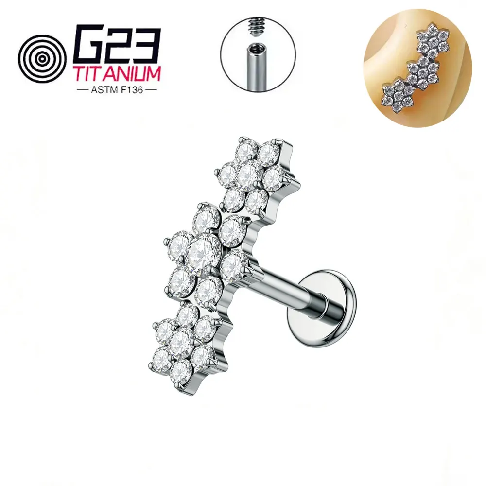ASTM F136 Titan Dreifach-CZ-Blumencluster Labret mit Innengewinde für Tragus, Monroe, Knorpel – Detail 3
