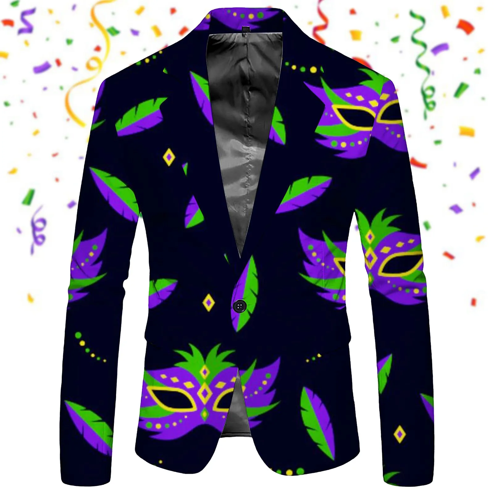 Mardi Gras Printed Men's Blazers Jacket Long Sleeve Slim Fit Buttons Suit Coat Pockets Carnival Holiday Party Lapel Men's Suit