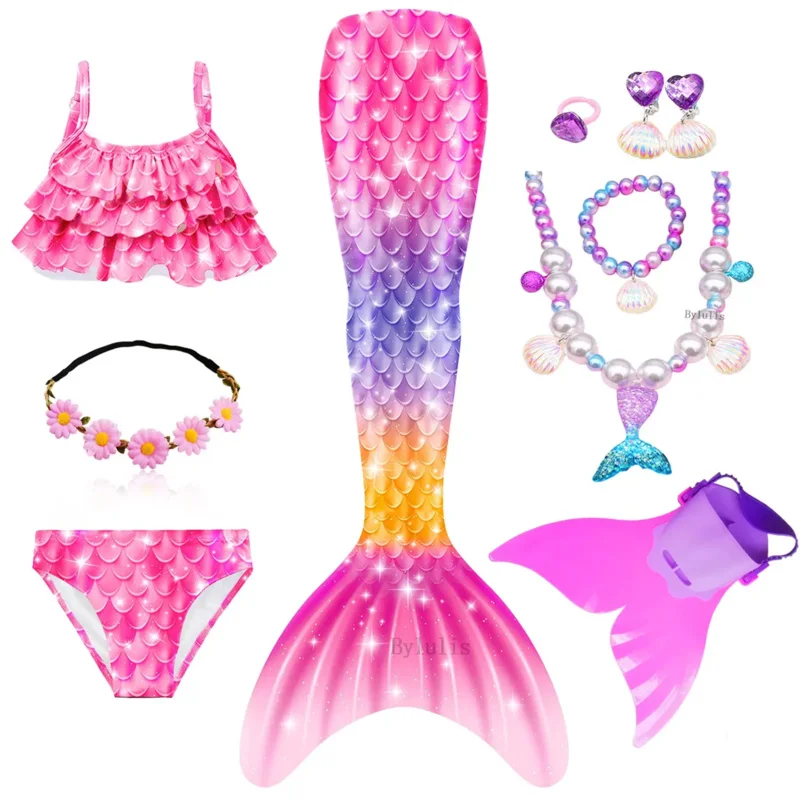 Girls Swimming Mermaid Tail Cosplay Mermaid Costume Swimsuit With or No Monofin Fin Flipper Kids Swimmable Children Swimwear Set