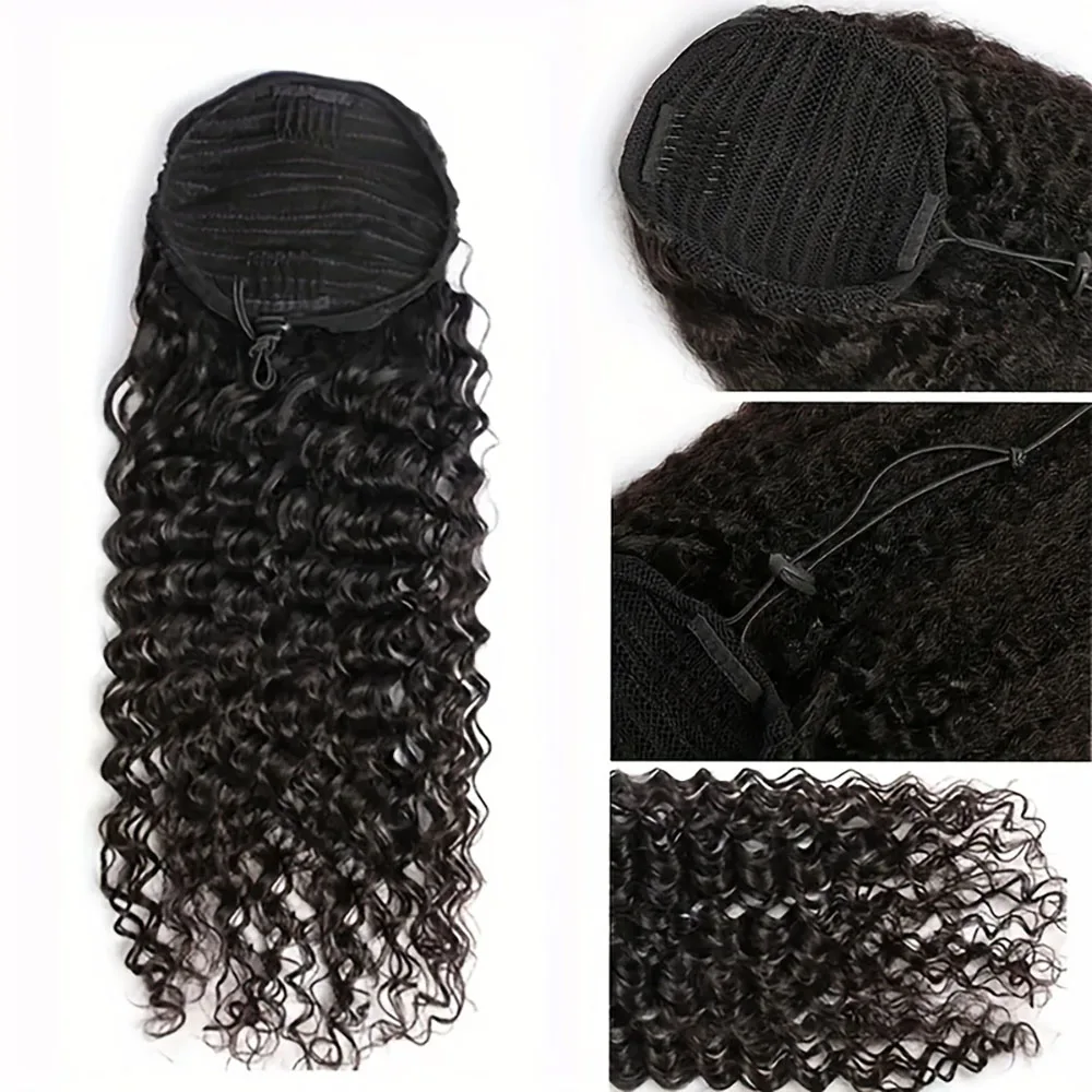 Ekstensi Rambut Manusia Model Kuncir Kuda Deep Wave 8-30 Inch dengan Tali Serut, 100% Rambut Manusia Remy Brasil untuk Wanita