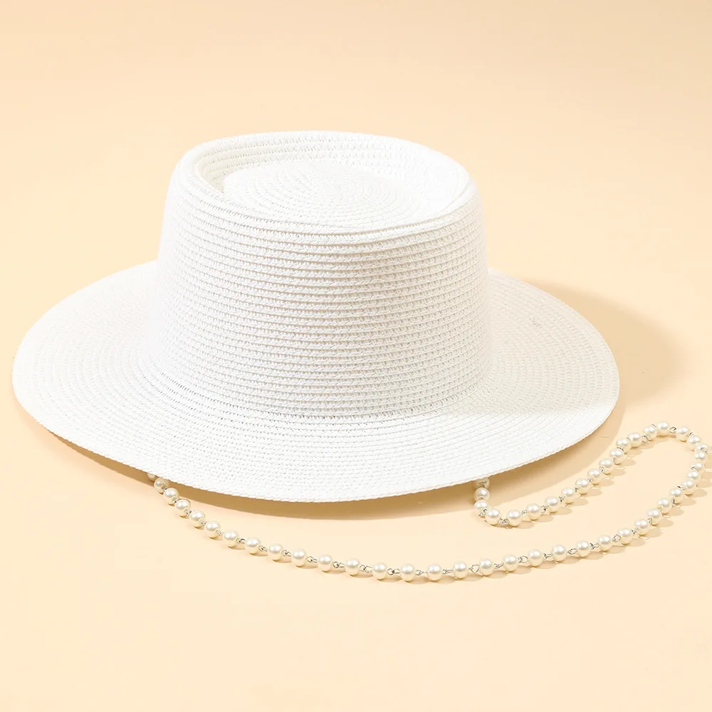 Women's Pearl Chain Paper Woven Straw Sun Hat Outdoor Beach Cap