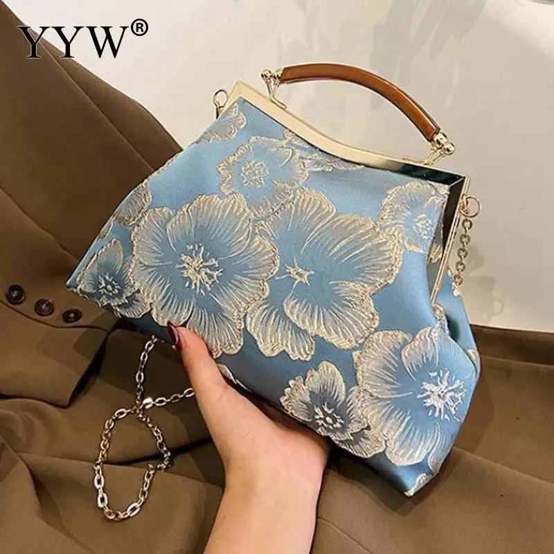 Vintage Embroidered Floral Clutch Handbag for Women Wooden Top Handle Wedding Party Daily Purse Chain Shoulder Crossbody Bags