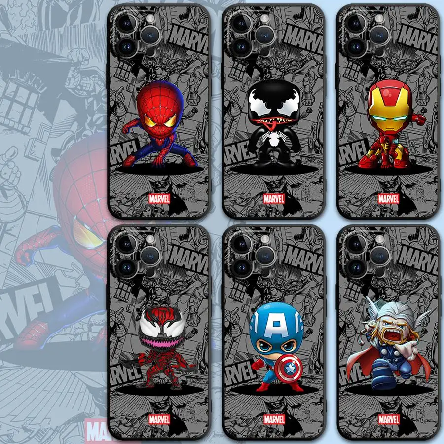 Cute Marvel Superhero Case for iPhone 16 15Pro 12 13 14 11 Pro Max XR 7 8 SE XS MAX 12Mini 16 Plus 14Pro 13Pro Phone Cover Capa