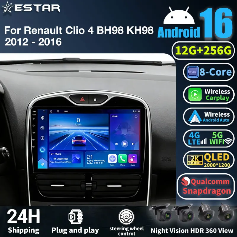 Android 16 For Renault Clio 4 BH98 KH98 2016 2017 2018 2019 2K QLED Android Car Radio Multimedia Video Player GPS Stereo CarPlay