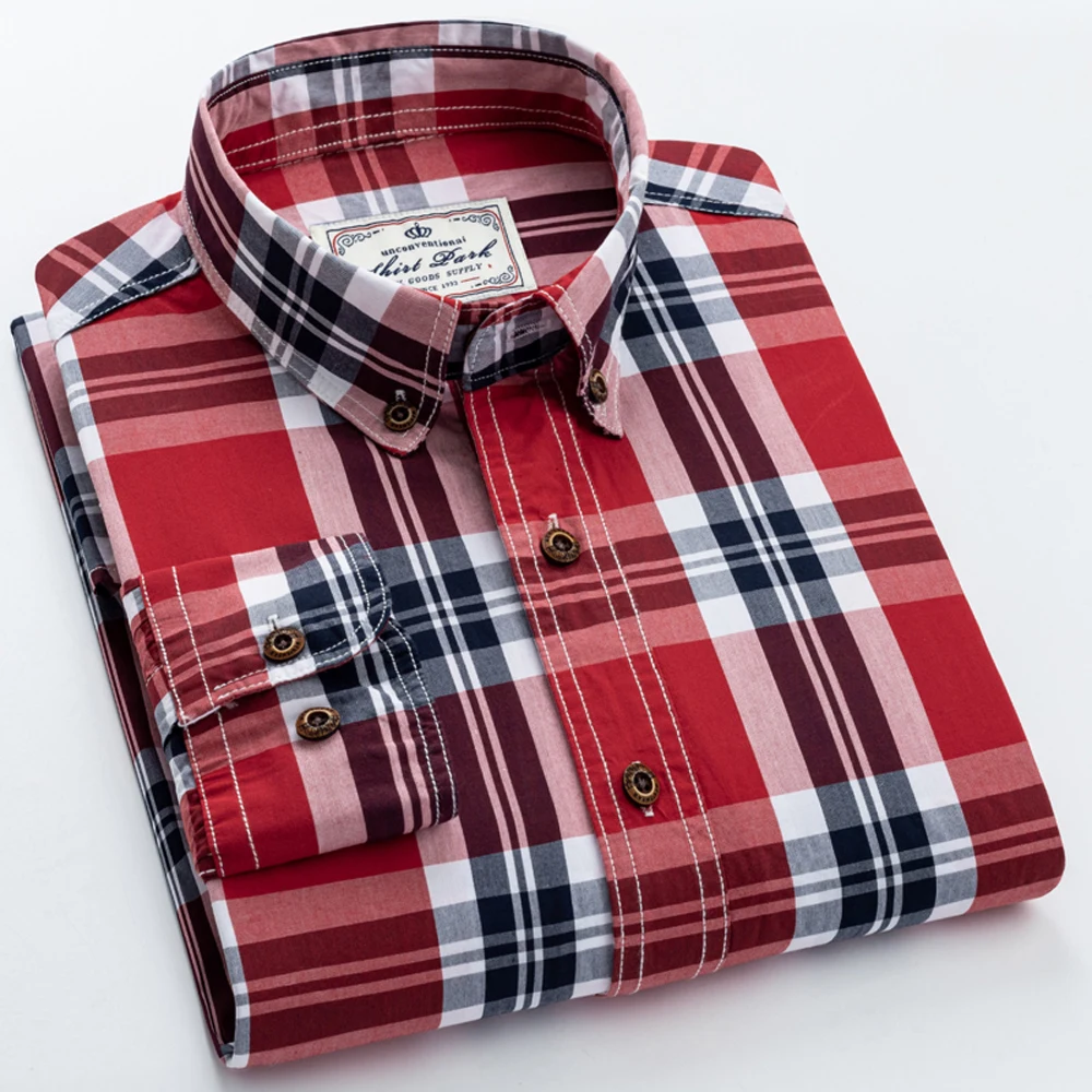 Men's Long-Sleeve Color Block Checkered Pattern Dress Shirts, 100% Cotton Regular Fit Business Casual Plaid Button-down Shirt