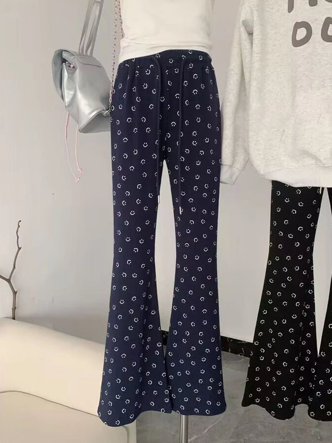 

Geometric Print Long Flare Pants Women Four Season Cotton Drawstring High Waist Cute SlimPant Fashion Streetwear Sweet Trousers