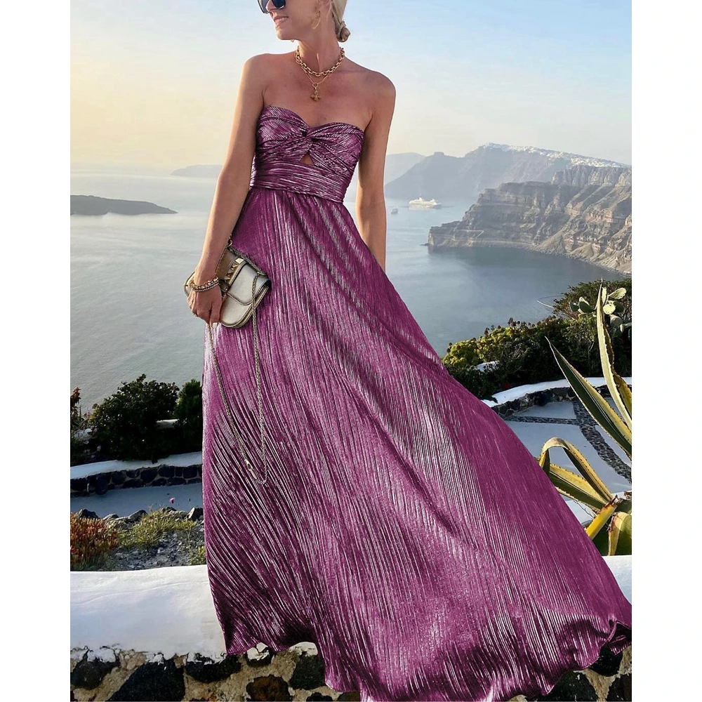 Women Twist Chest Wrapping Ribbed Maxi Party Dress Femme Ruched Strapless Sexy Outfits Evening Dress Birthday Vestidos Elegant