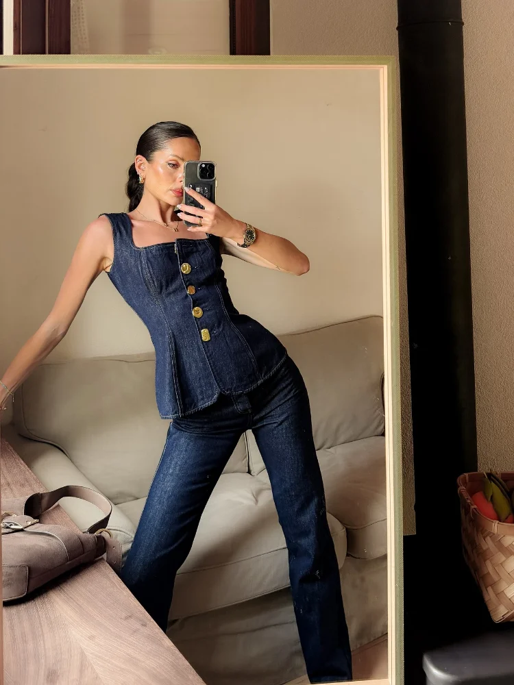 

Однотонный джинсовый жилет и брюки, костюмы, женские элегантные облегающие однобортные топы без рукавов с квадратным вырезом, комплекты 2025, новые повседневные наряды