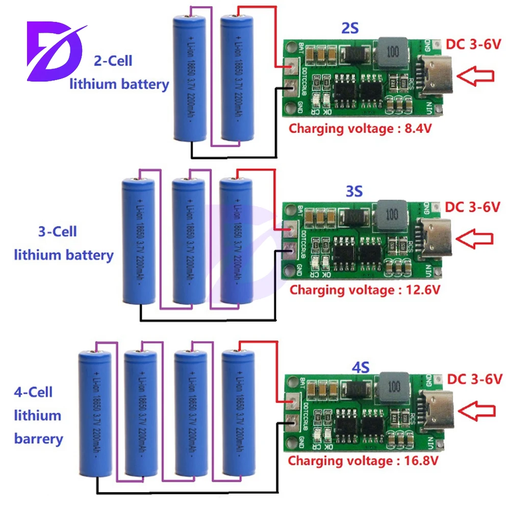 Multi-Cell 2S 3S 4S Type-C To 8.4V 12.6V 16.8V Step-Up Boost LiPo Polymer Li-Ion Charger 7.4V 11.1V 14.8V 18650 Lithium Battery