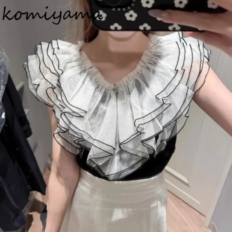 

Summer Mesh Ruffles Shirts & Blouses V-neck Sleeveless Blusas Mujer Woman 2025 Clothing Japan Sweet Ropa De Mujer Camisas