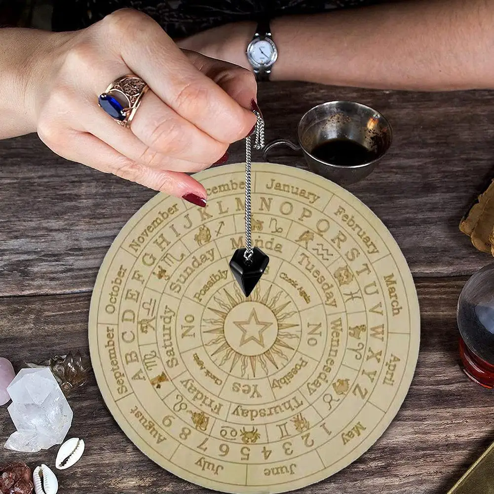 Wooden Divination Pendulum Board with Stars Moon Carved Coasters Astrology Game Playing Plate for Fortune Telling