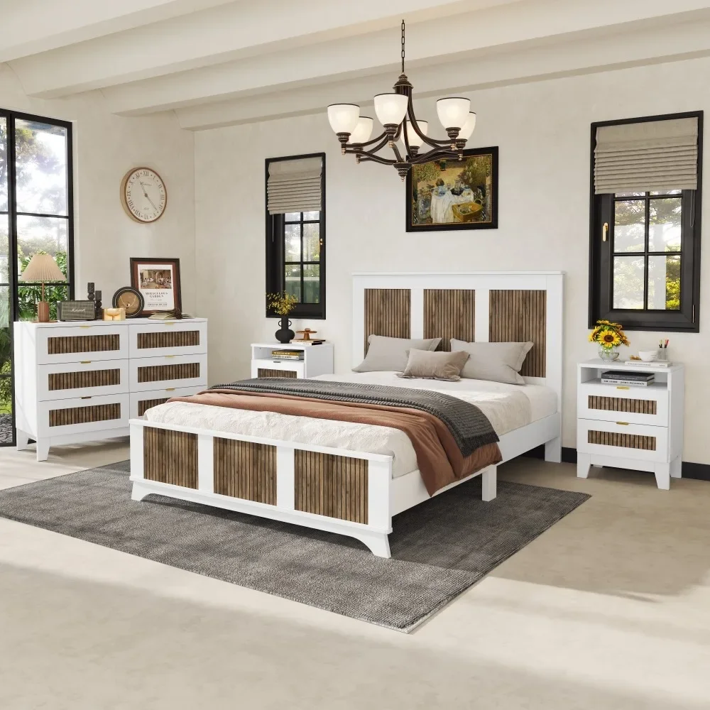 4-piece Bedroom Furniture Set, Large Farmhouse Platform Bed Decorated with Wooden Strips, Storage Bedside Table, Dressing Table