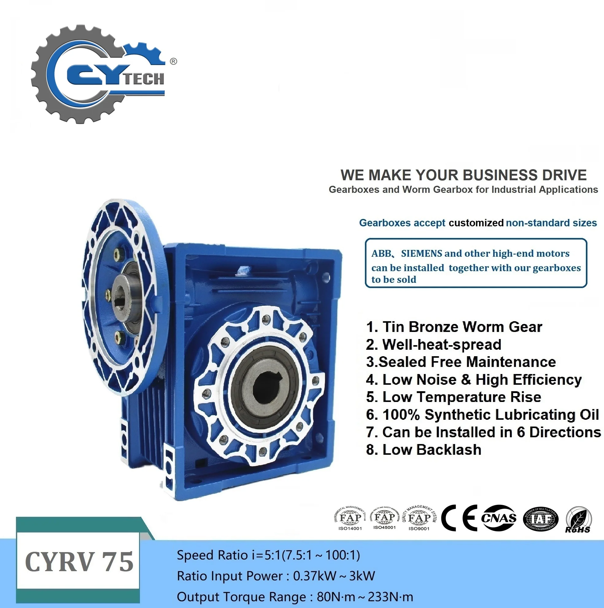 CHENYUE Worm Gearbox NMRV75 NMRV075 Input 19/22/14/24/28mm Output 28mm Ratio 5:1/100:1 Speed Reduction Free Maintenance