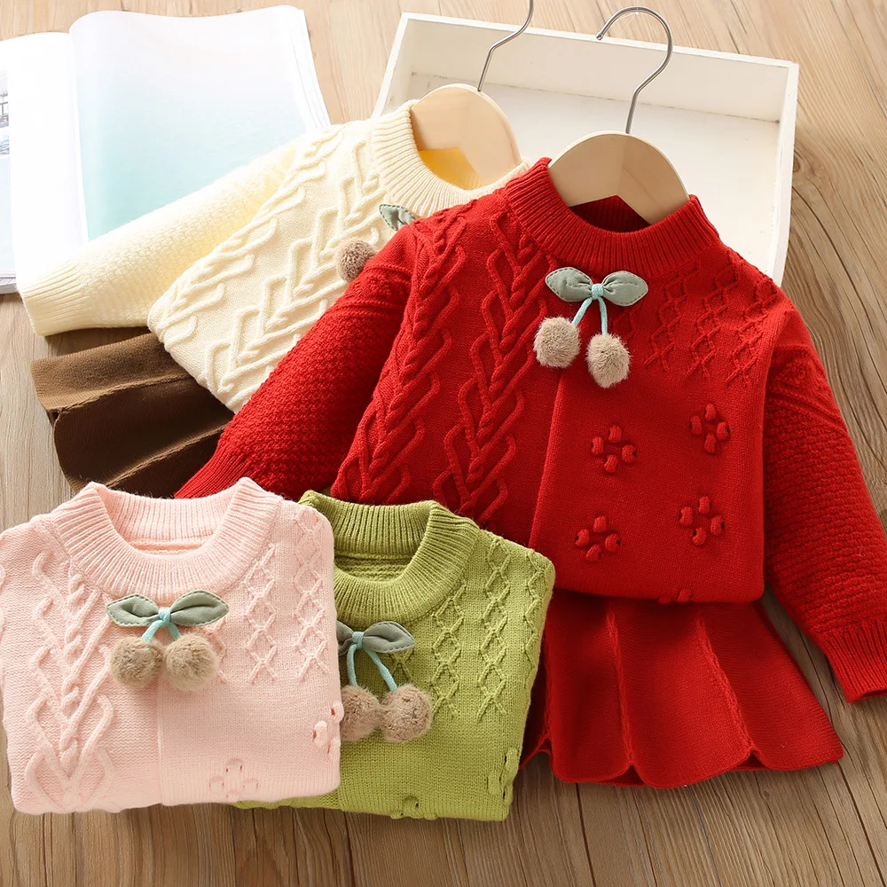 

Girls Knitted Clothes Sets 2024 Spring Autumn Children Cweaters Coats Skirts 2pcs Dress Suit For Baby Party Costume Kids Outfits