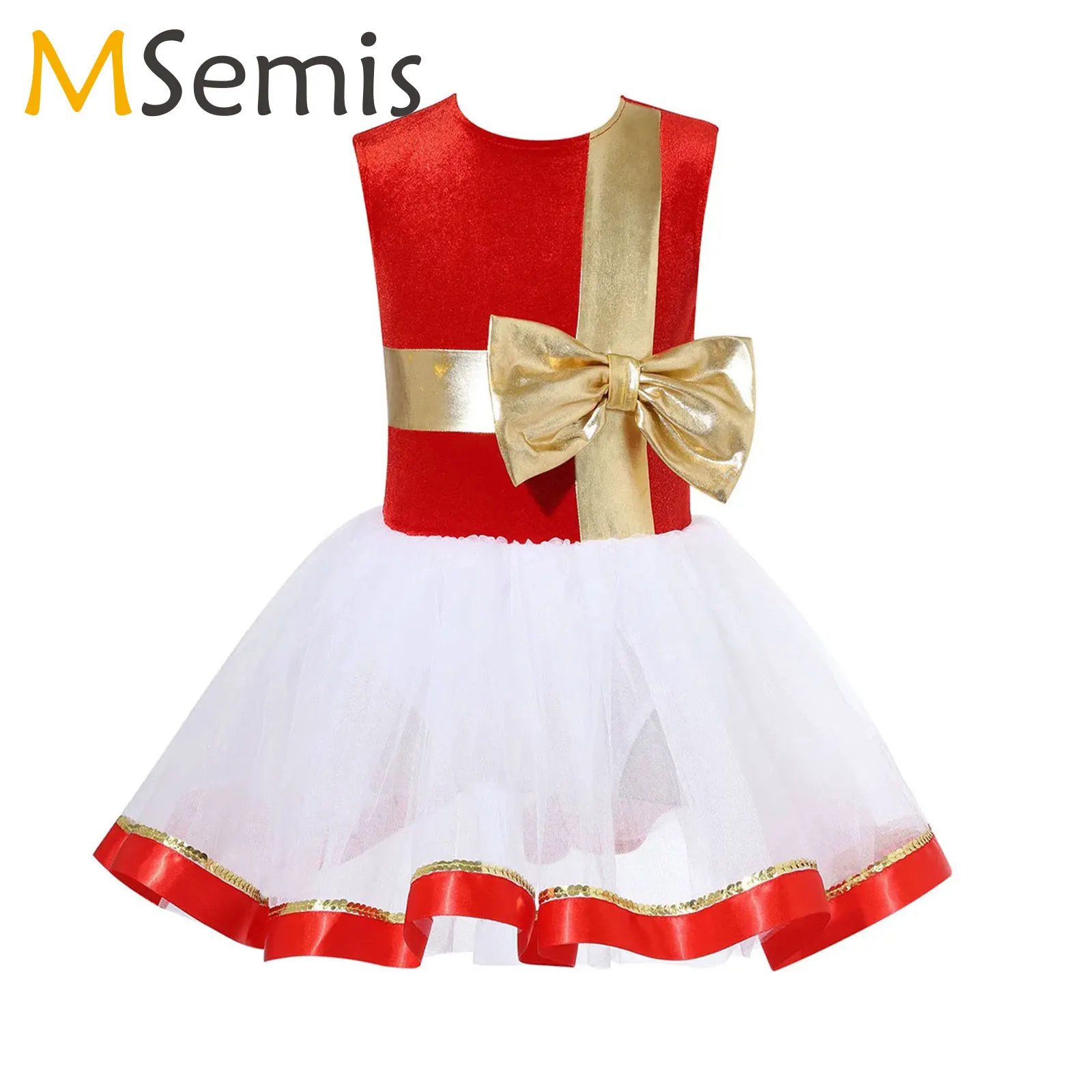 

Kids Girls Shiny Santa Ballet Tutu Mesh Dress with Bowknot Figure Ice Skating Dress Princess Christmas Festival Dance Costumes