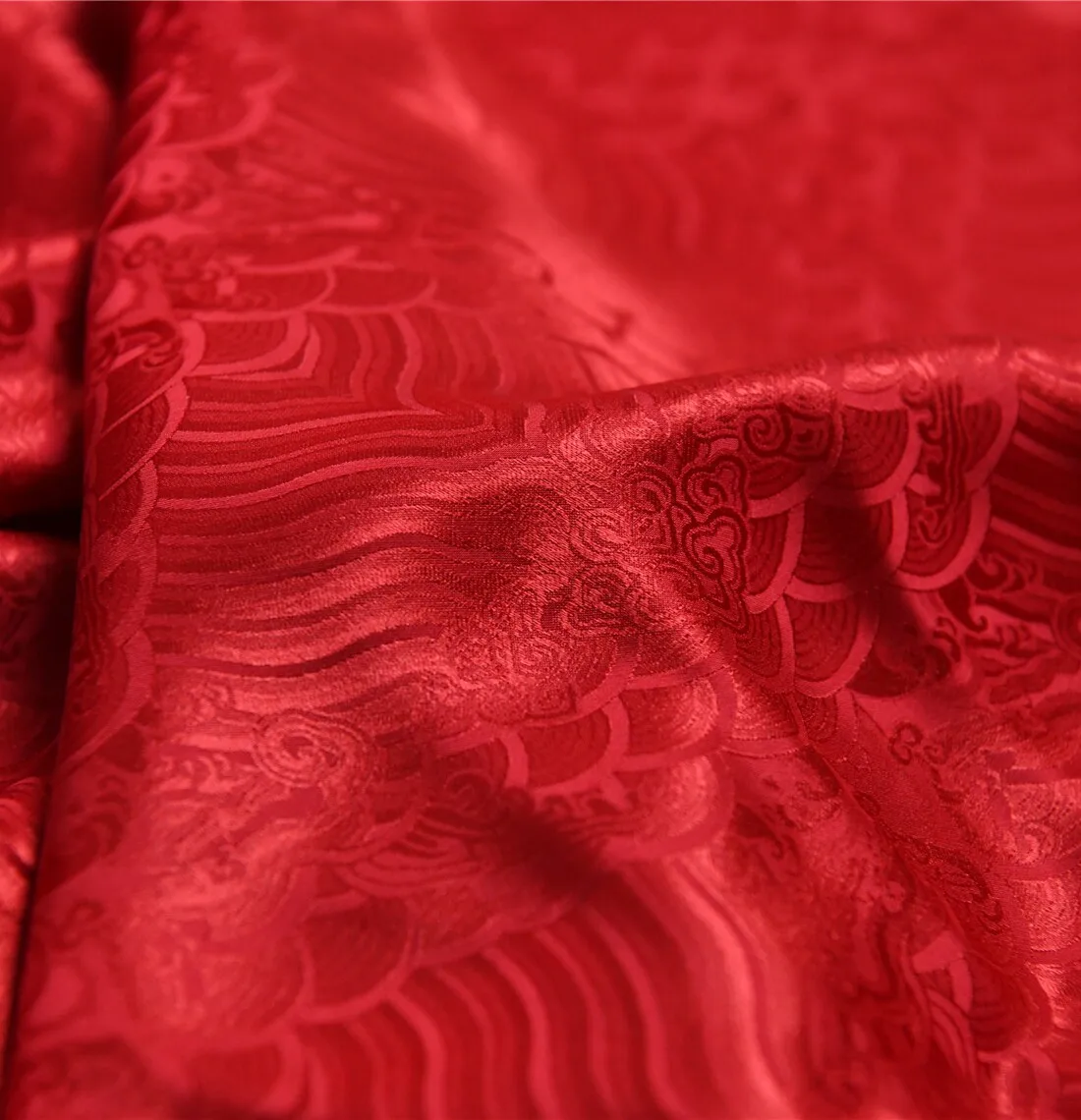3m Txl Traditional Jacquard Silk Satin Fabric Red Sea Wave Pattern Interwoven Detail Rich Texture for Cheongsam