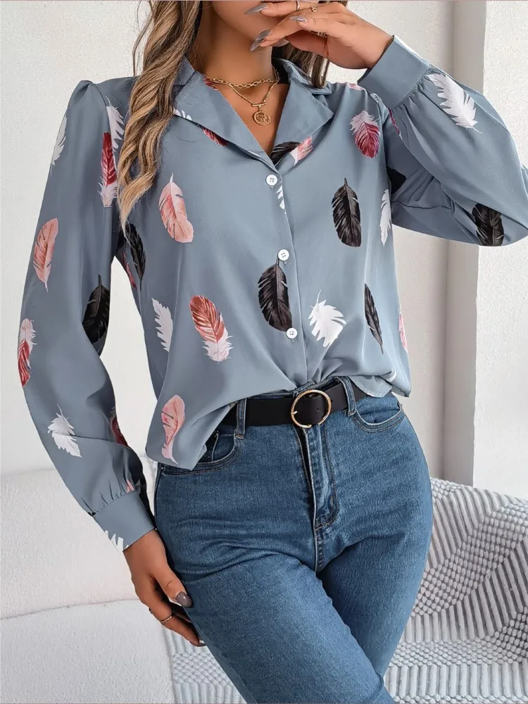 Autumn Women's Blouses Fashion Feather Print Long-sleeve White Shirt Office Lady Casual Top Elegant Streetwear Female Clothing