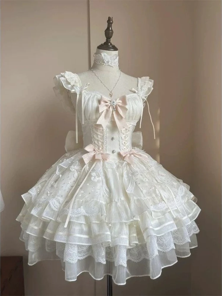 Zomer Sweet Lolita Y2k Mini-jurken Dames Kant Patchwork Korte mouw Elegante bandage Franse vintage korte feestjurk Vrouwelijk - afbeelding 2