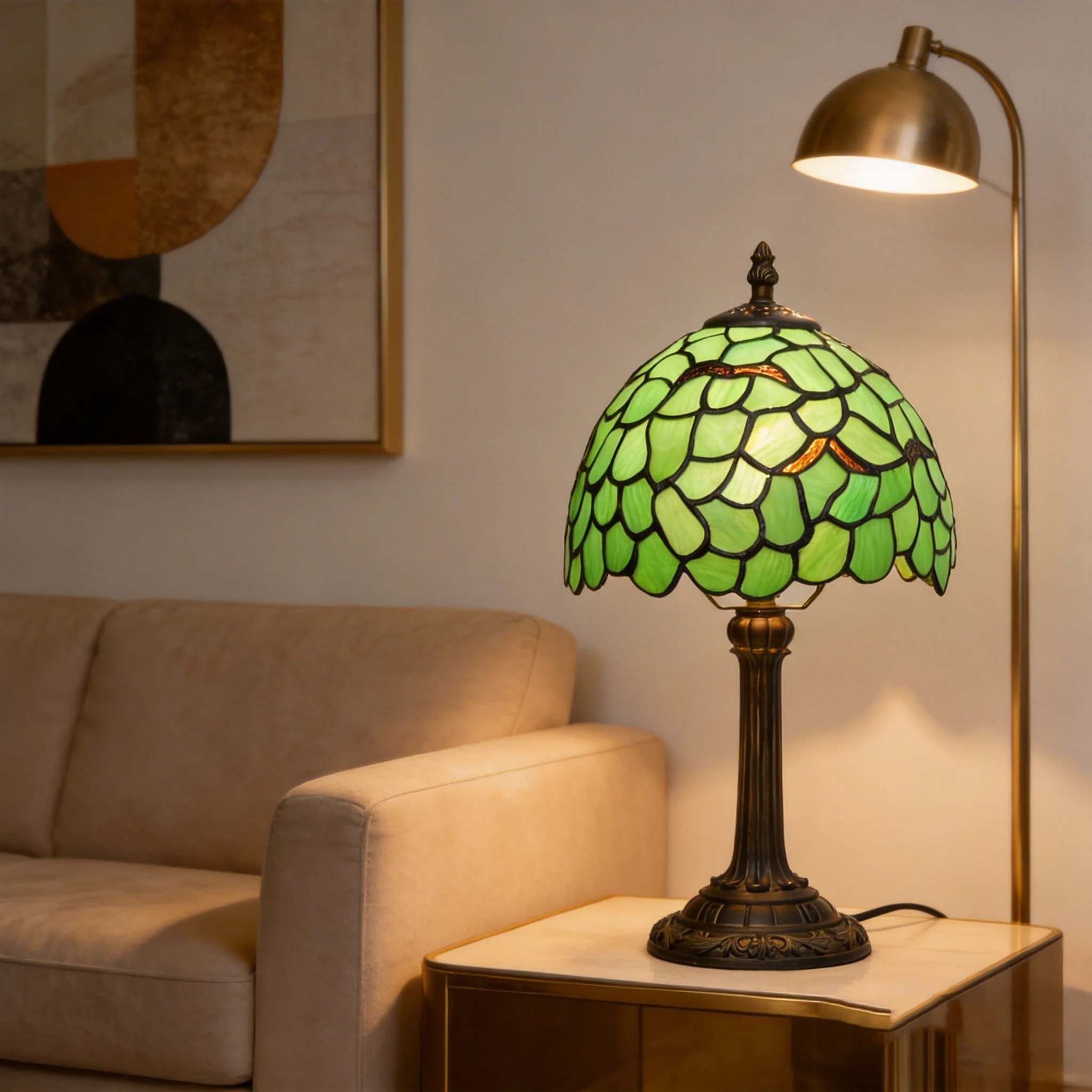 Tiffany Lamp Stained Glass Green Leaf Table Lamp 8 Inches Desk Reading Light Decor Beside Bedroom Living Room Home Holiday Gift
