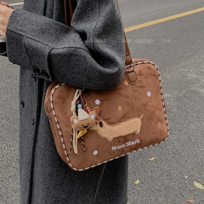 

JIAERDI Sweet Cute Cartoon Puppy Handbag Women Suede Large Capacity Shoulder Bags Ladies Preppy Style Multi Functional Backpack