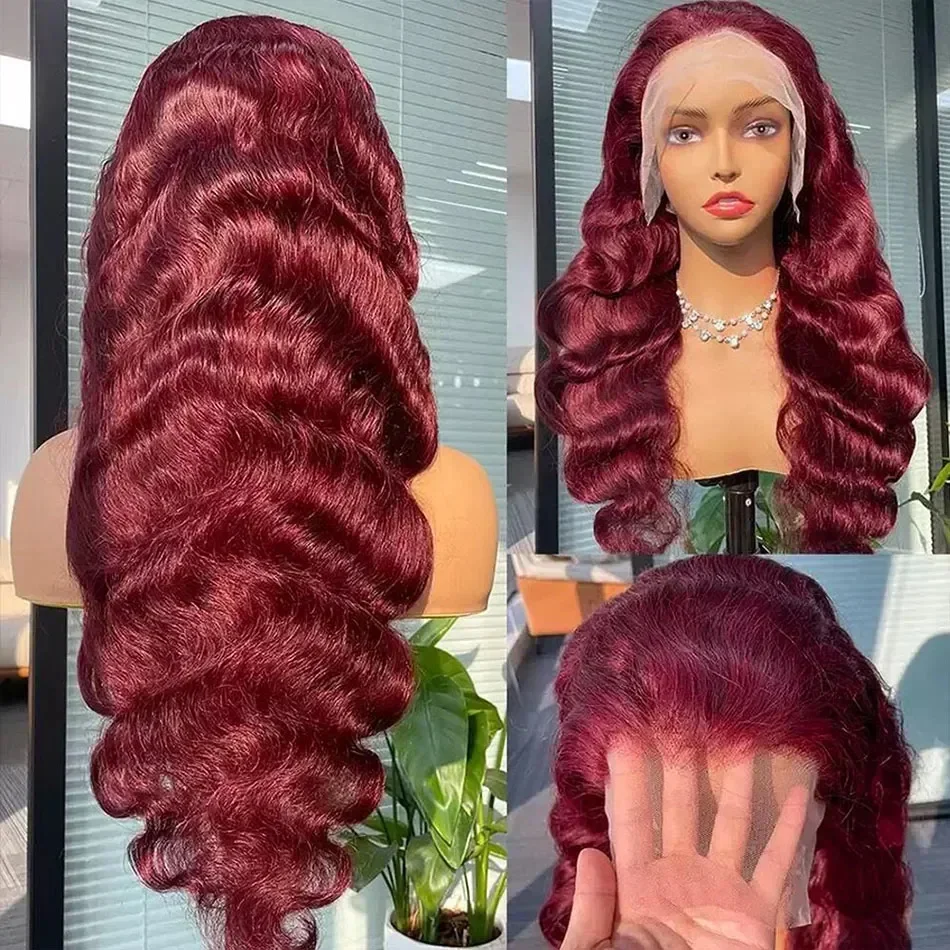 Wig rambut manusia renda depan 99J Wig Burgundy pra pencabutan 13x4 berwarna 30 inci Wig Frontal Body Wave HD renda untuk wanita