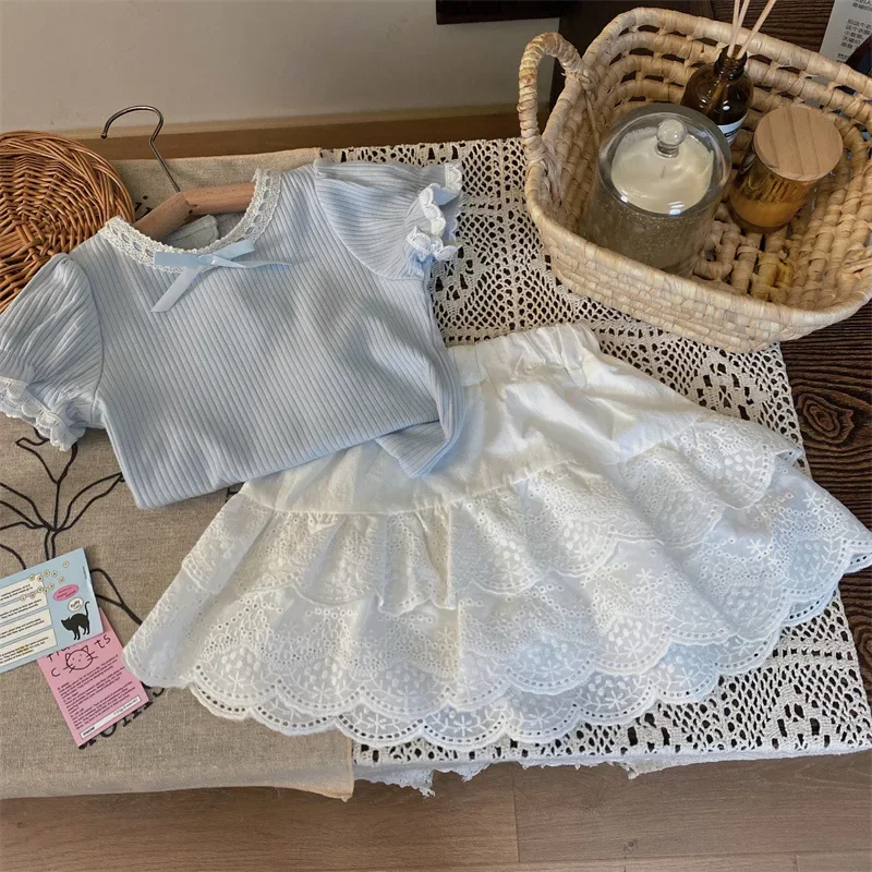 Ropa de estilo coreano para niños, novedad de verano, camiseta de manga corta con manga de burbuja para niñas, falda de encaje, conjunto de dos piezas