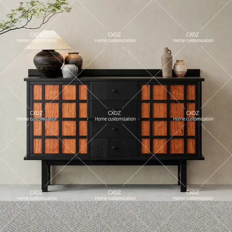 American Solid Wood Retro Entryway Cabinet Wabi Sabi Style Dining Sideboard Wall Mounted Decorative Storage Locker