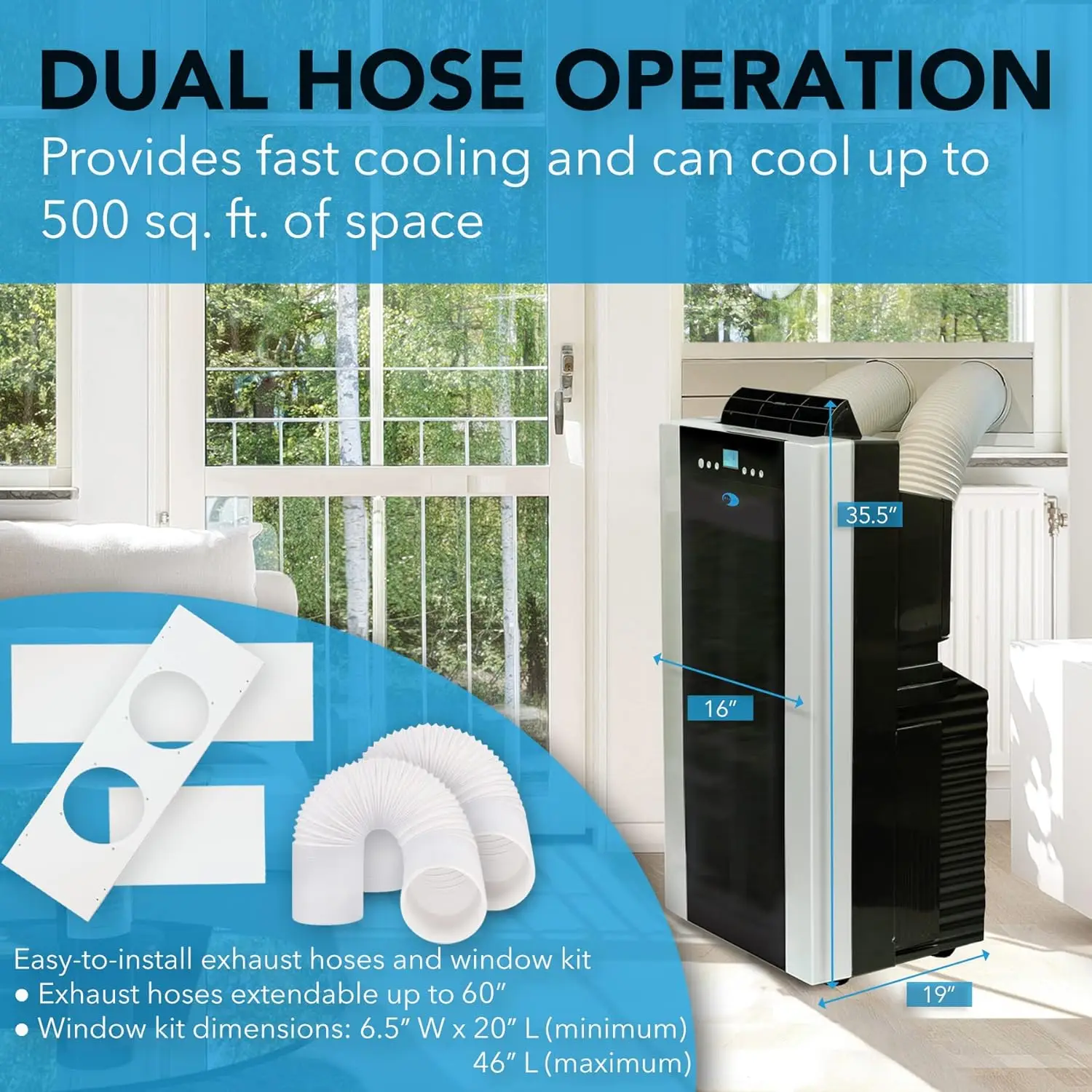 Portable Air Conditioner 14,000 BTU with Dual Hose Dehumidifier & Cooling Fan for 500 Sq Ft Rooms, Includes AC Unit Wind