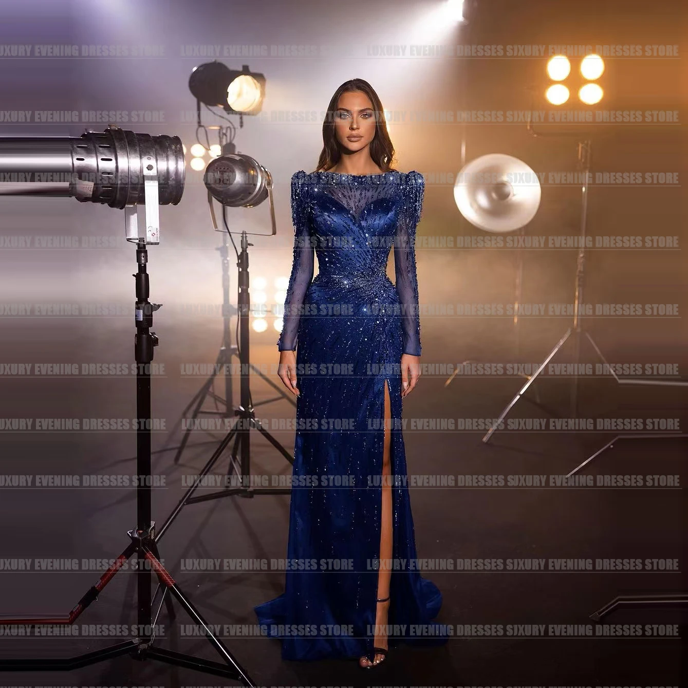 Formal Glitter Evening Dresses Woman\'s 2024 Mermaid Sexy Side Split Glisten Beads Long Sleeve Party Prom Gowns Vestido Feminino