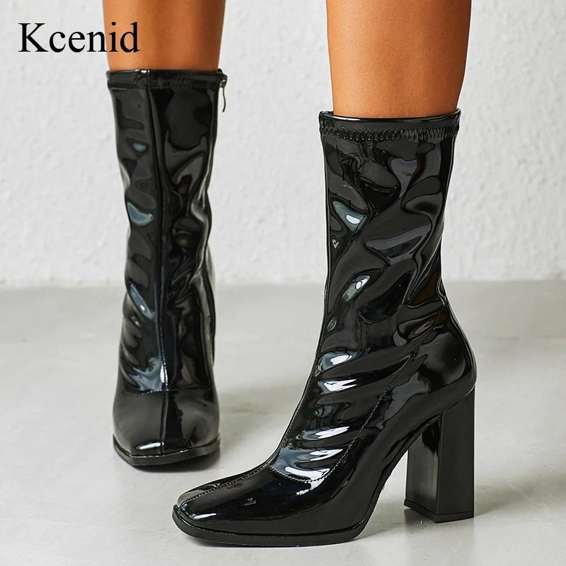 

Kcenid Autumn Winter Patent Leather Boots For Women Fashion Square Toe Zip High Heels Party Shoes Chelsea Ankle Booties Black