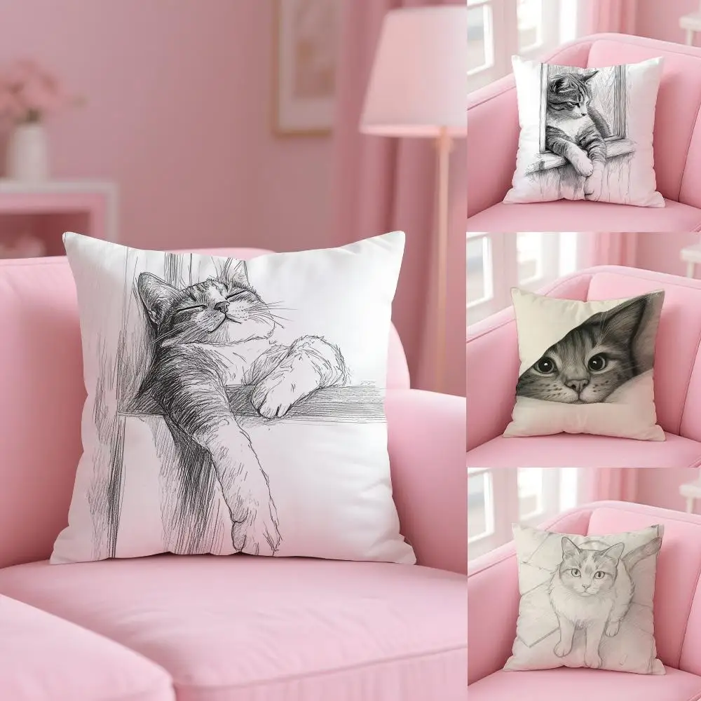 Cat Sketch Cushion Cover Short Plush Double Sided Printing Home Machine Washable Warm Winter Pillow Cover