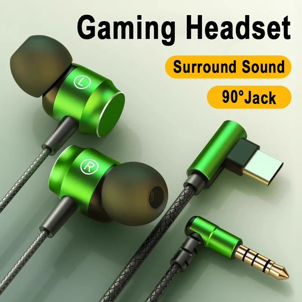90° Jack Wired Gaming Headset HiFi Surround Sound With Mic Type C 3.5mm Music Headphones For iPhone Huawei In-ear Bass Earphones
