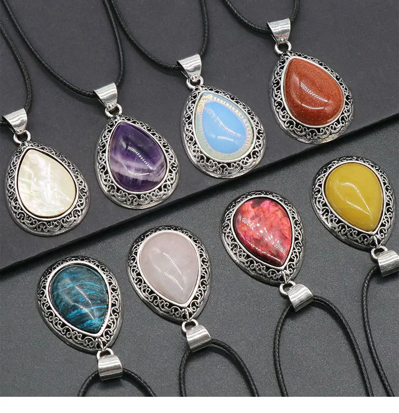 1PC 39x27mm Natural Stone Crystal Water Drops Pendant Alloy Electroplate Tiger Eye Amethyst Quartz Abalone Bebey Necklace