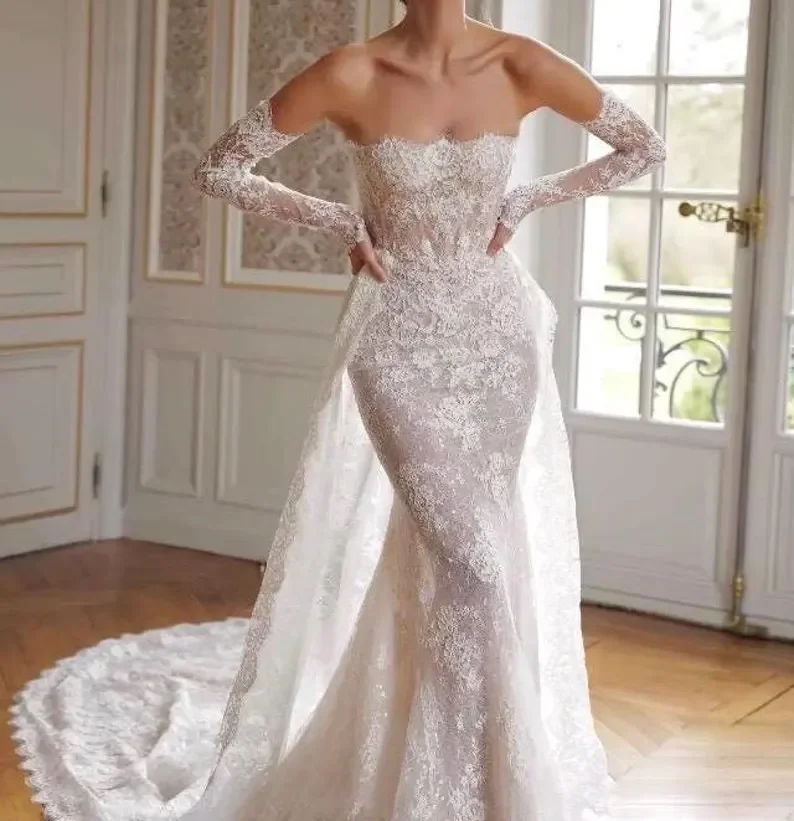 Customized Luxurious And Elegant Fishtail Wedding Dress Elegant Church Trailing Bridal Off Shoulder Dress Lace Bridal Gown