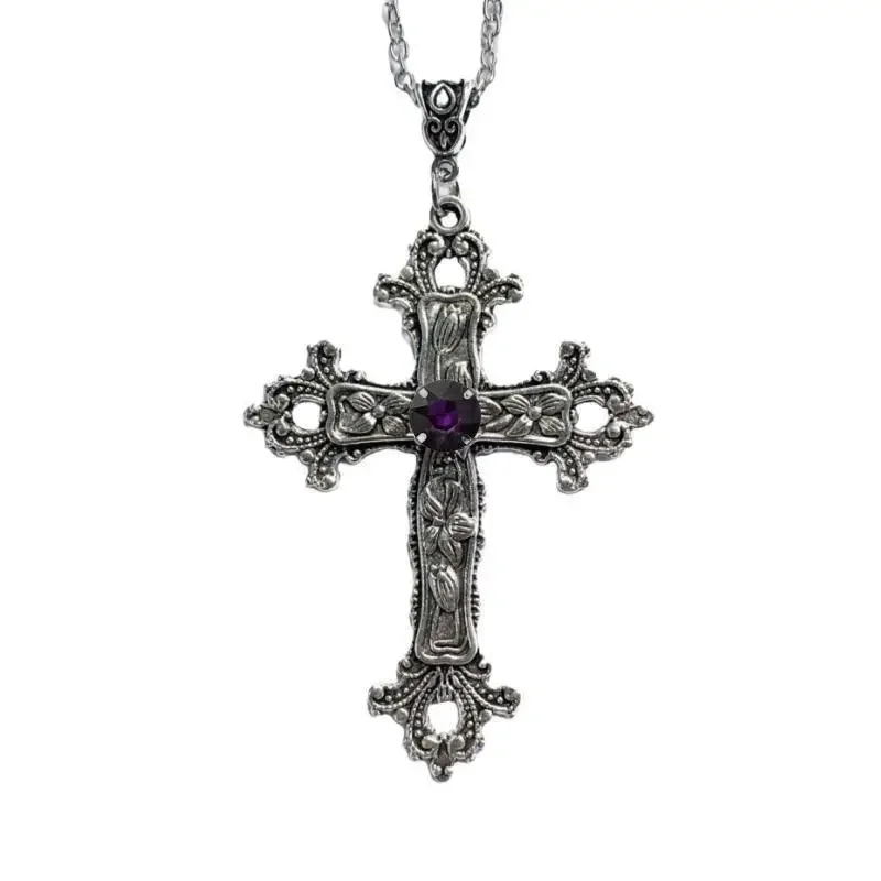 Gothic Style Pink Purple Zircon Cross Necklace Ladies Rhinestone Pendant Clavicle Chain Charm Party Jewelry Gifts