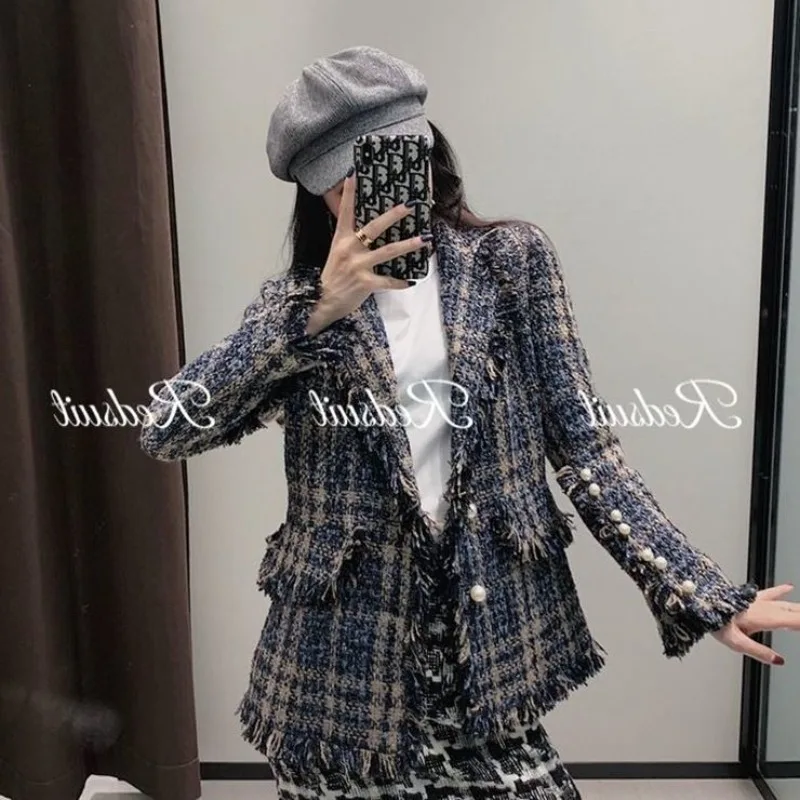 Women's Suit Spring/Autumn Tweed Jacket Suit Jacket New Thicken Slim Fit Coarse Weave Mid-Length Blazer Fashion Coat