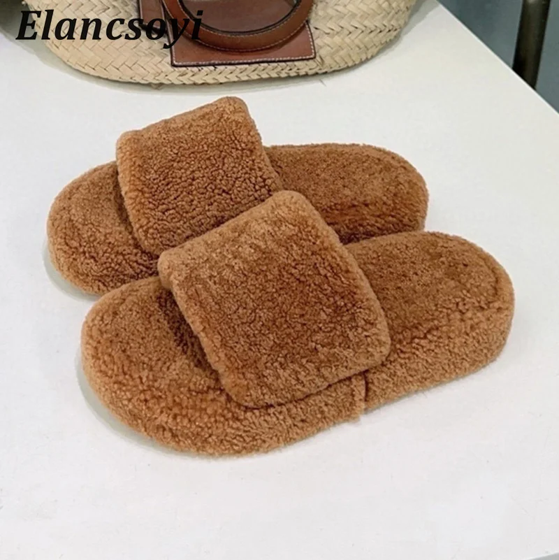Flat Slippers Women Open Toe Thick Bottom Lazy Mules Shoes Autumn Winter Versatile Outdoors Slides Comfort Wool Slippers 2026