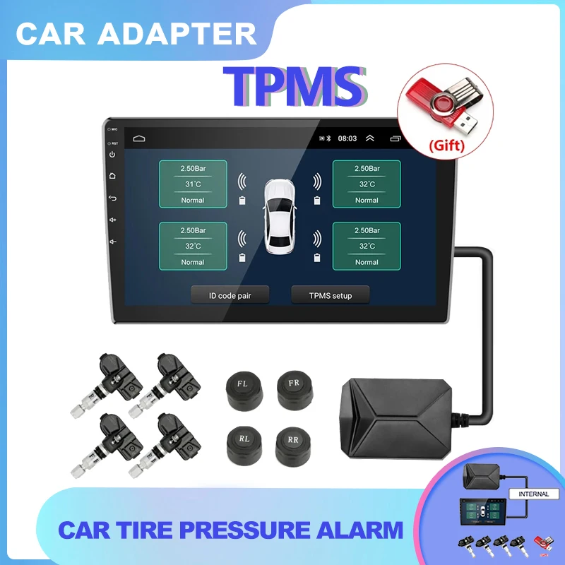 USB TPMS Car Tire Pressure Alarm Monitor System For Car Android Navigation Player with four Sensors 5V Wireless Transmission