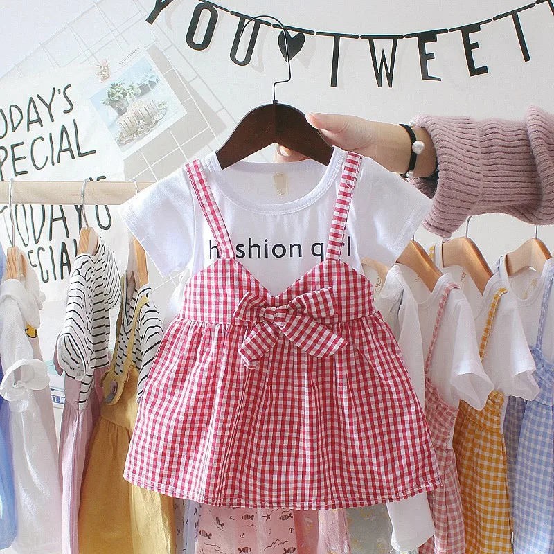 

Summer Girls Cute Plaid Fake Two Piece Bottoming Short Sleeved Sweet Princess Dress