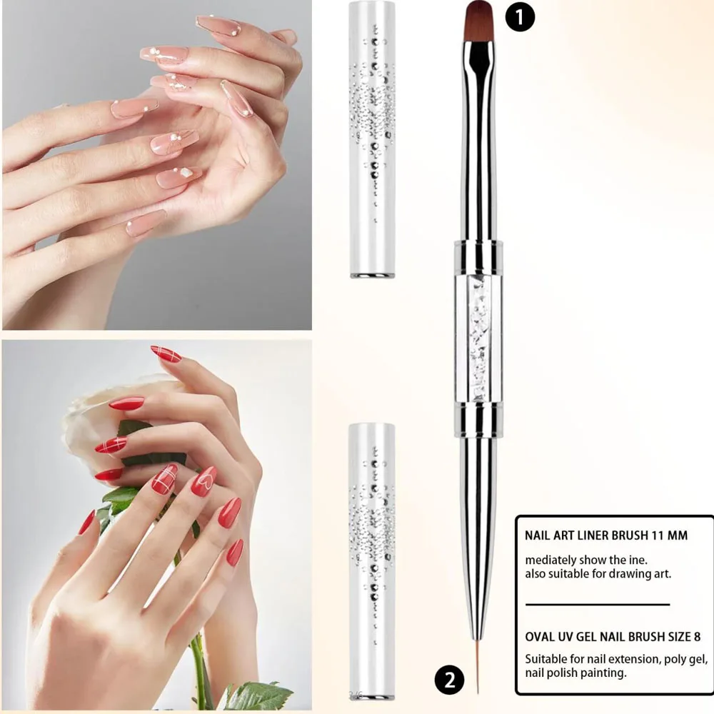 แปรงทาเล็บเจลสองหัว 1 ชิ้น ด้ามจับประดับเพชร แปรงเขียนเล็บแบบฝรั่งเศส แปรงวาดลายเล็บเจลแข็ง UV อุปกรณ์ทำเล็บ