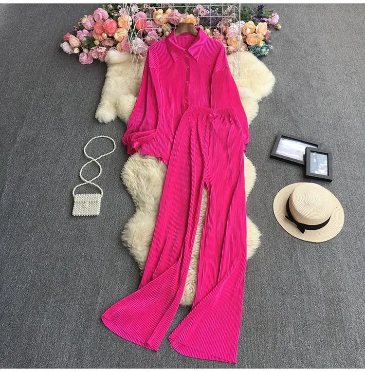 Women Casual Two Piece Set Outfits Office Lady Long Sleeve Elegant Loose Shirt And Pressed Pleated Long Wide legPants Autumn Set