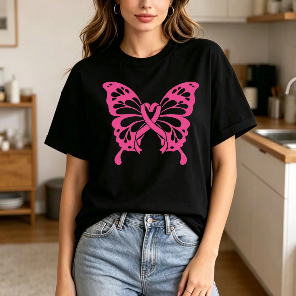 Pink Butterfly Ribbon Cutout Graphic Women Summer Cotton T Shirt Breast Cancer Support Delicate Art Short Sleeve Tee