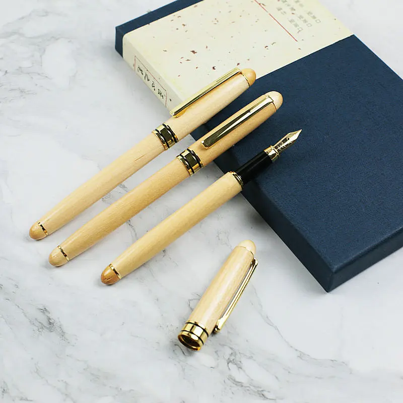 1PCSLuxury Maple Wooden Fountain Pen 0.5mm Stainless Steel Nib Natural Color Pump Writing Tool for  Office and Business as  Gift