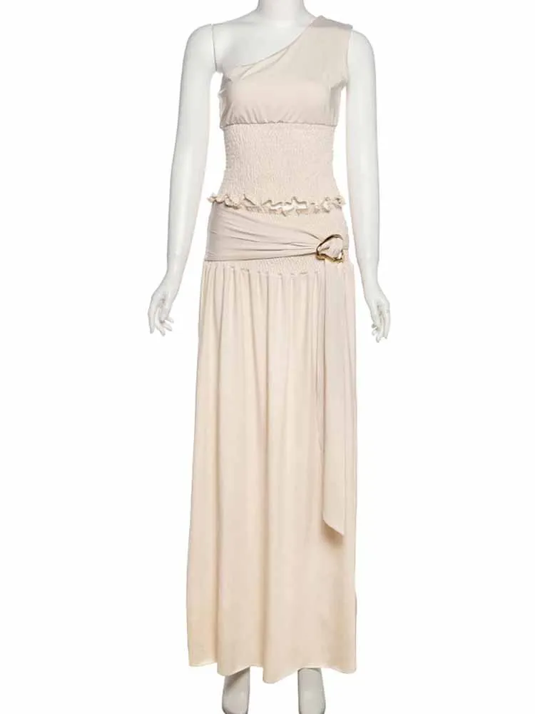 BKQU Elegant ผู้หญิง Ruched 2 ชิ้นชุดเซ็กซี่ Skew COLLAR Backless Crop Tops + หัวเข็มขัดโลหะริบบิ้นกระโปรงยาวปาร์ตี้วันหยุดชุด