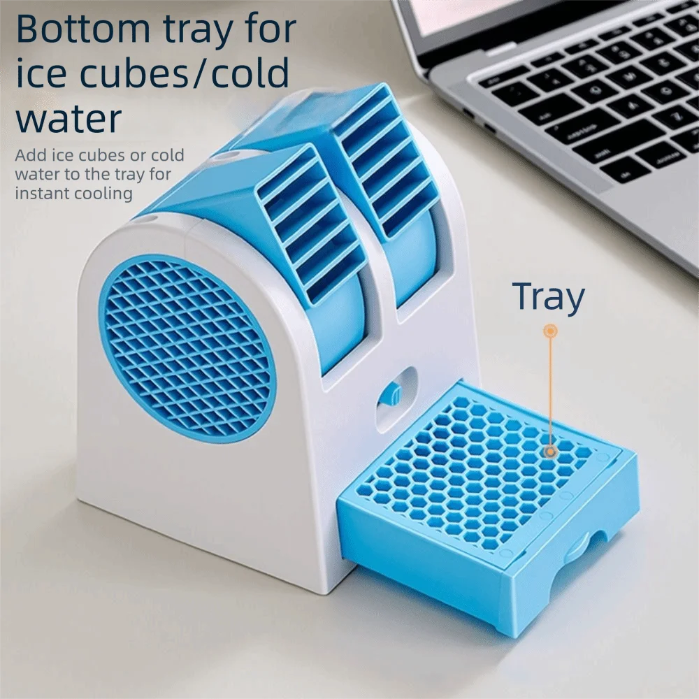 Quiet Mini Air Cooling Desk Fan Battery Powered Dual Air Outlet USB Rechargeable Desk Fan Ice Box Ice Water Tray