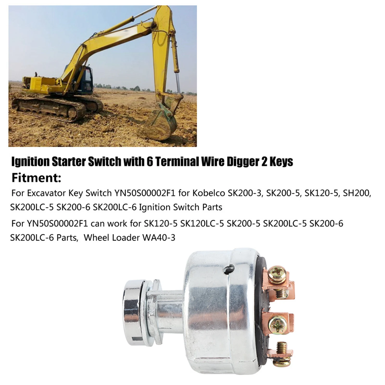 For Kobelco SK200‑3 SK200‑5 SK120‑5 Ignition Starter  with 6 Terminal Wire Digger 2 Keys For Kobelco Ignition