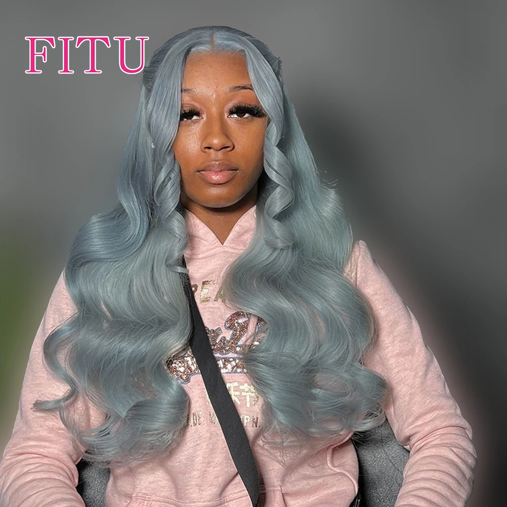 

FITU Grey Transparent 13x6 13x4 Lace Frontal Human Hair Wig 613 Colored Plucked With Baby Hair 5x5 Lace Closure Wig