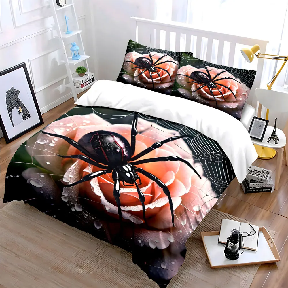 Black widow on rose and web Pattern Duvet Cover Set Digital Print Colorful Polyester Bedding with Zipper Closur for kids gifts