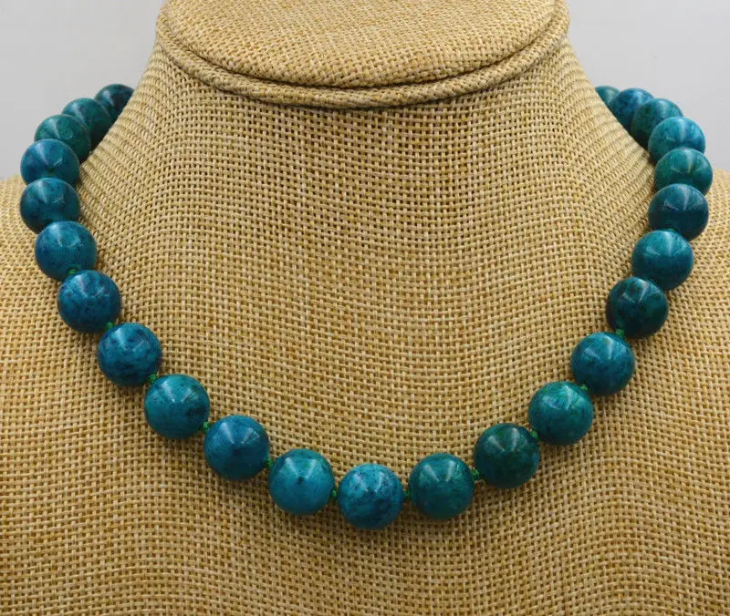 Colar Azurite Chrysocolla Gem, 18 Fechos De Amor De Prata Tibetana, Linda Jade, 12mm