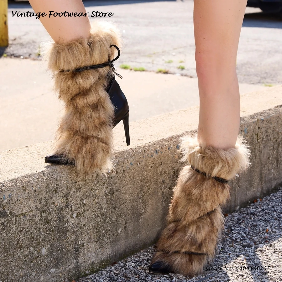 

Женские ботильоны с украшением из искусственного меха, осенне-зимняя трендовая обувь в уличном стиле, ботильоны на тонком каблуке с острым носком и боковой молнией